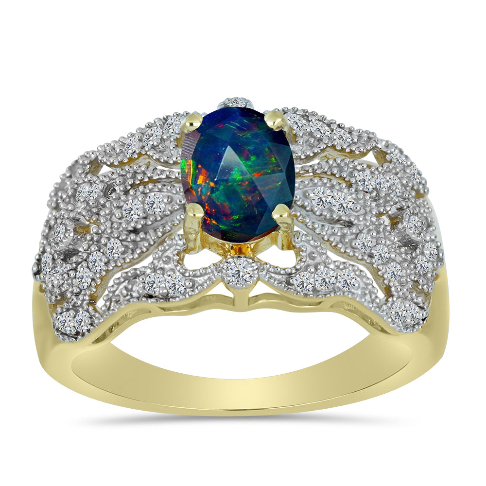 Pozlacený Stříbrný Prsten s Půlnočně Černým Etiopským Opálem z Lega Dembi a Bílým Topazem