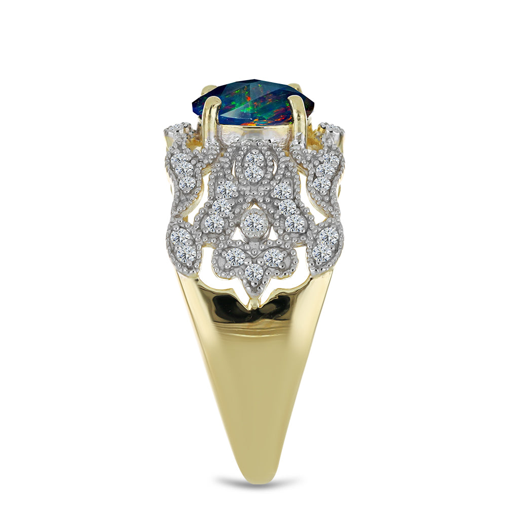 Pozlacený Stříbrný Prsten s Půlnočně Černým Etiopským Opálem z Lega Dembi a Bílým Topazem 4 