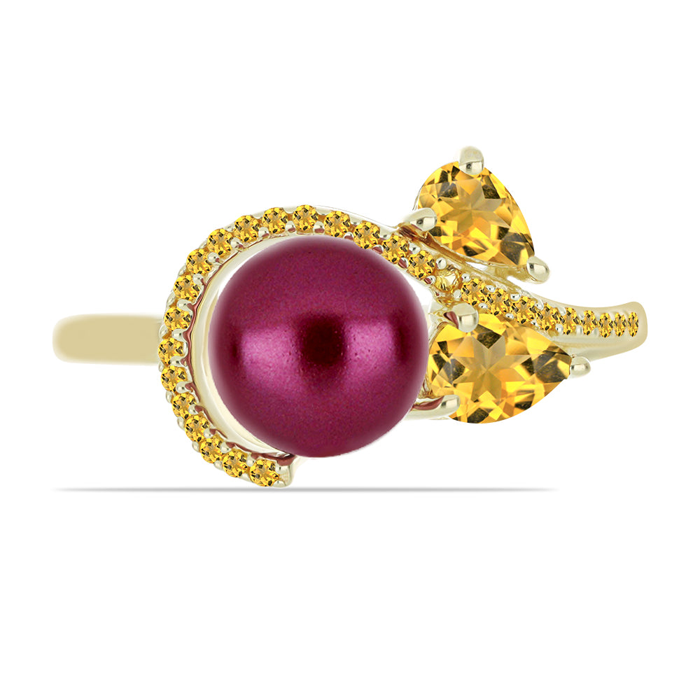 Pozlacené Stříbro 925/1000 - Prsten s Fialová Sladkovodní Perlou a Uralským Citrínem - Karátové číslo: 3.33. přibližná hmotnost: 3.43 gramů 1 