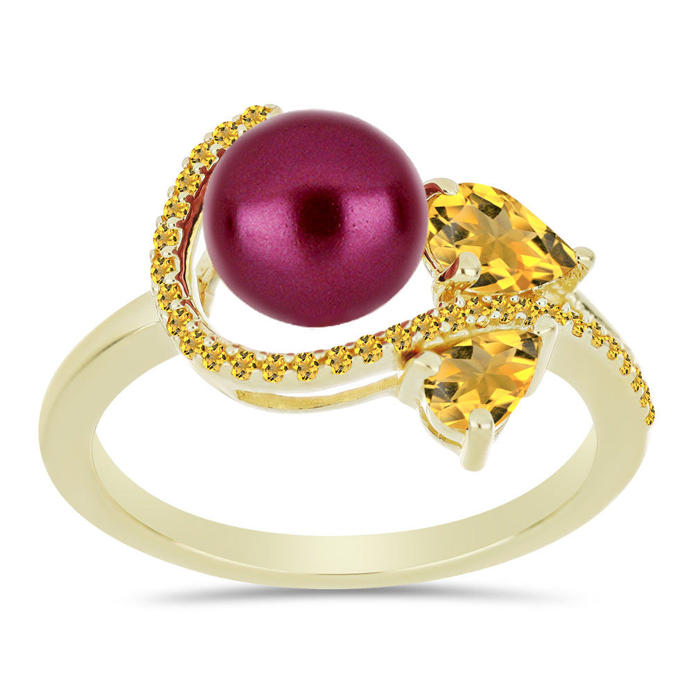 Pozlacené Stříbro 925/1000 - Prsten s Fialová Sladkovodní Perlou a Uralským Citrínem - Karátové číslo: 3.33. přibližná hmotnost: 3.43 gramů 3 