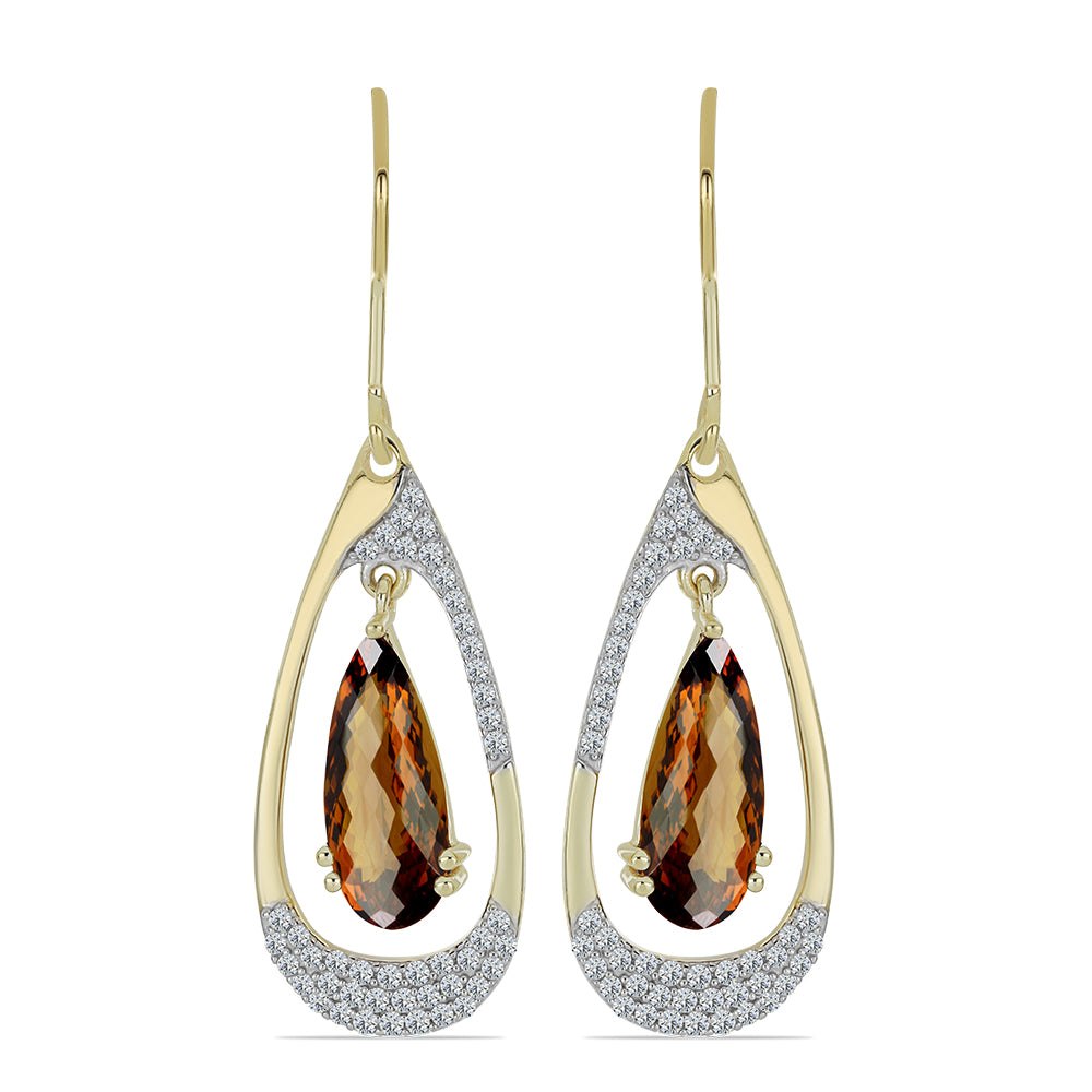 Pozlacené Stříbro 925/1000 - Náušnice s Koňakovým Křemenem a Bílým Topazem - Karátové číslo: 4.95. přibližná hmotnost: 5.53 gramů 1 