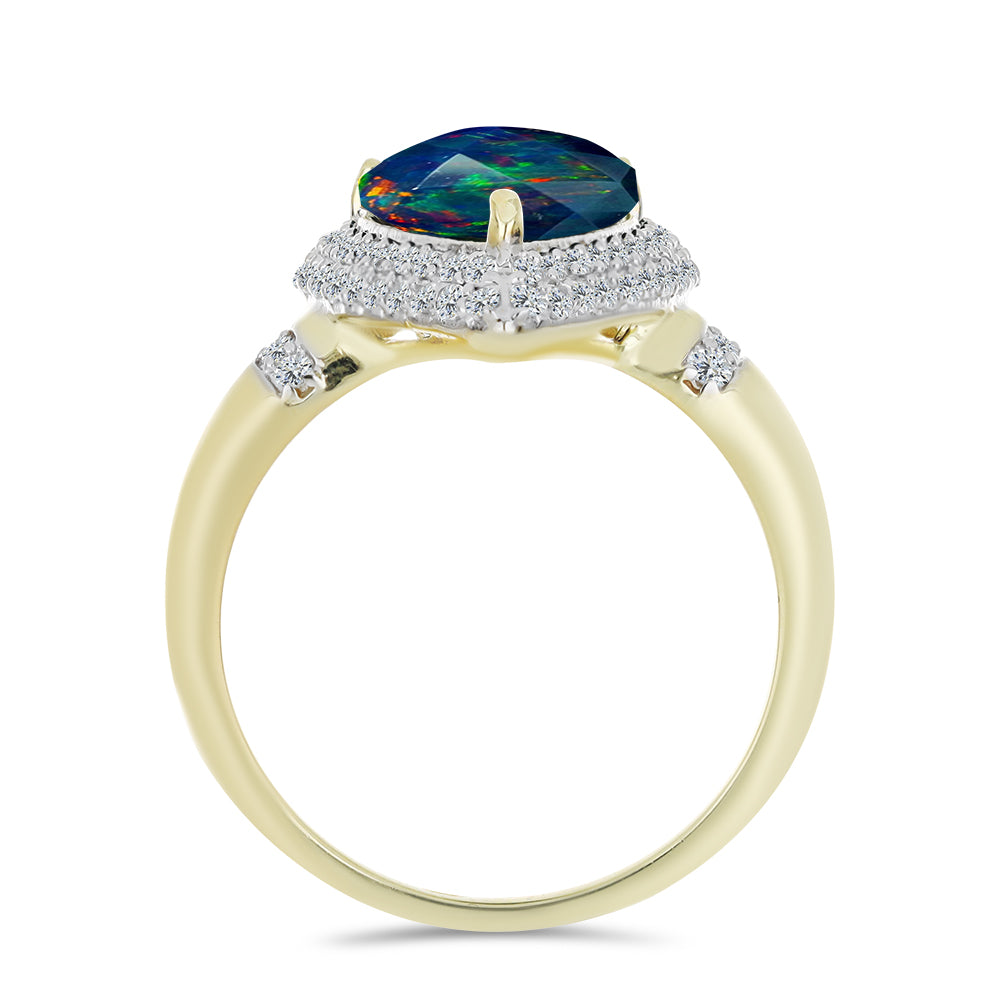 Pozlacený Stříbrný Prsten s Půlnočně Černým Etiopským Opálem z Lega Dembi a Bílým Topazem