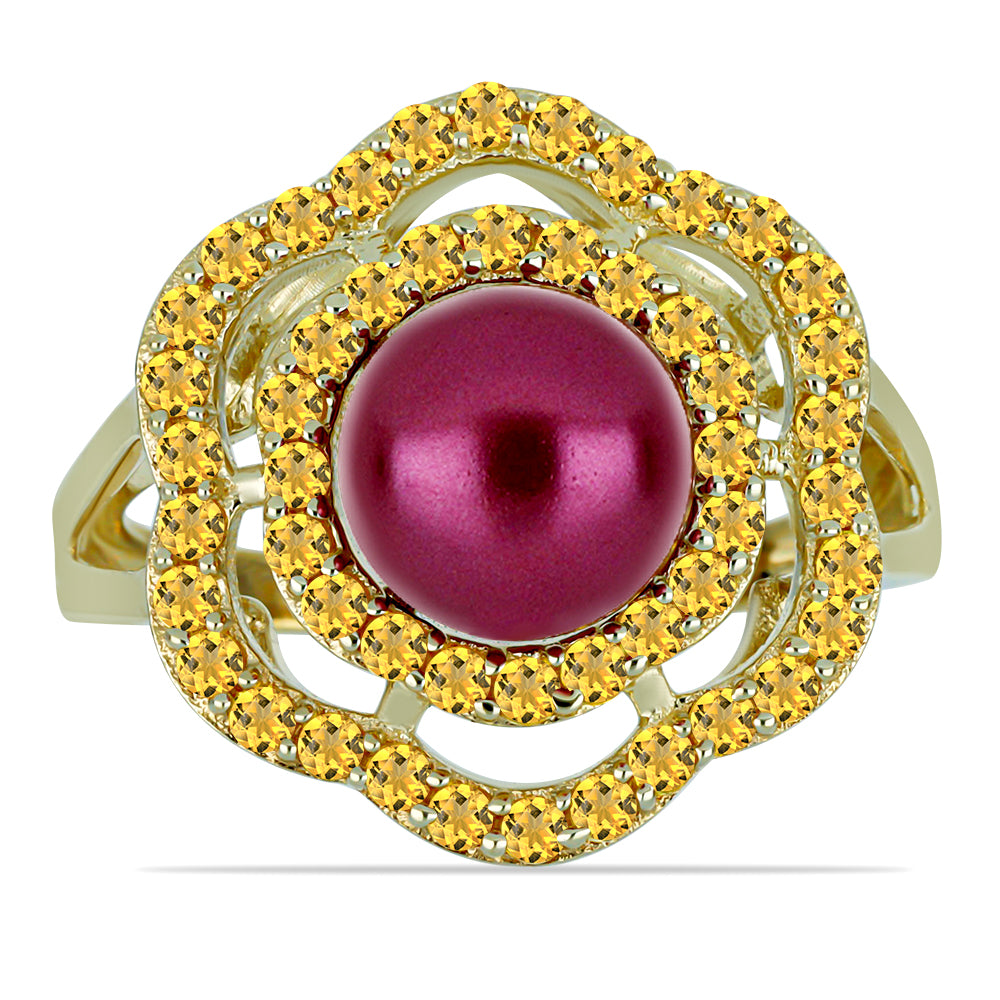 Pozlacený Stříbrný Prsten s Fialová Sladkovodní Perlou a Uralským Citrínem 1 