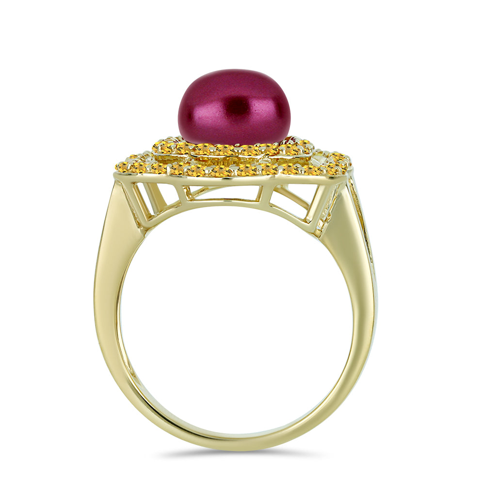 Pozlacený Stříbrný Prsten s Fialová Sladkovodní Perlou a Uralským Citrínem