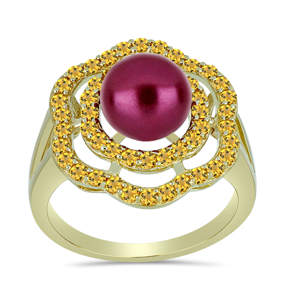 Pozlacený Stříbrný Prsten s Fialová Sladkovodní Perlou a Uralským Citrínem 3 