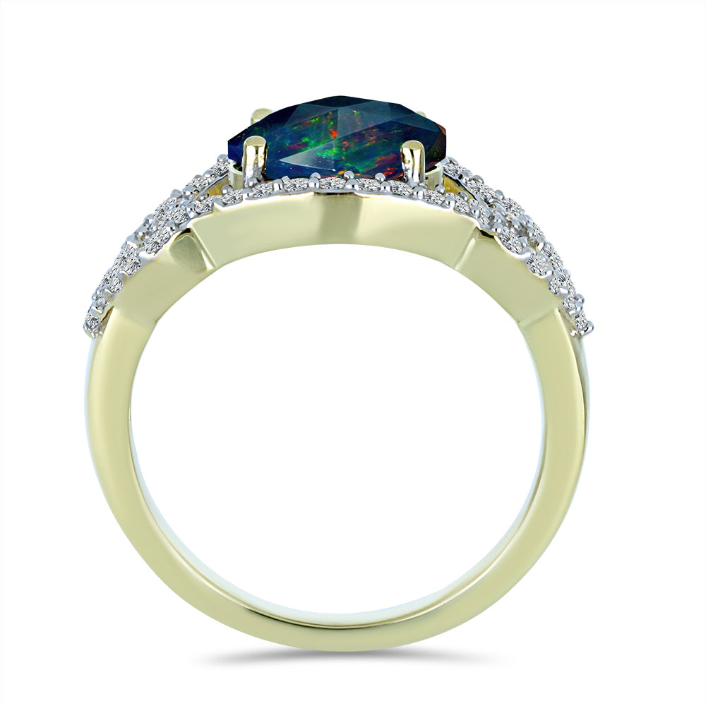 Pozlacené Stříbro 925/1000 - Prsten s Půlnočně Černým Etiopským Opálem z Lega Dembi a Bílým Topazem - Karátové číslo: 1.49. přibližná hmotnost: 3.62 gramů