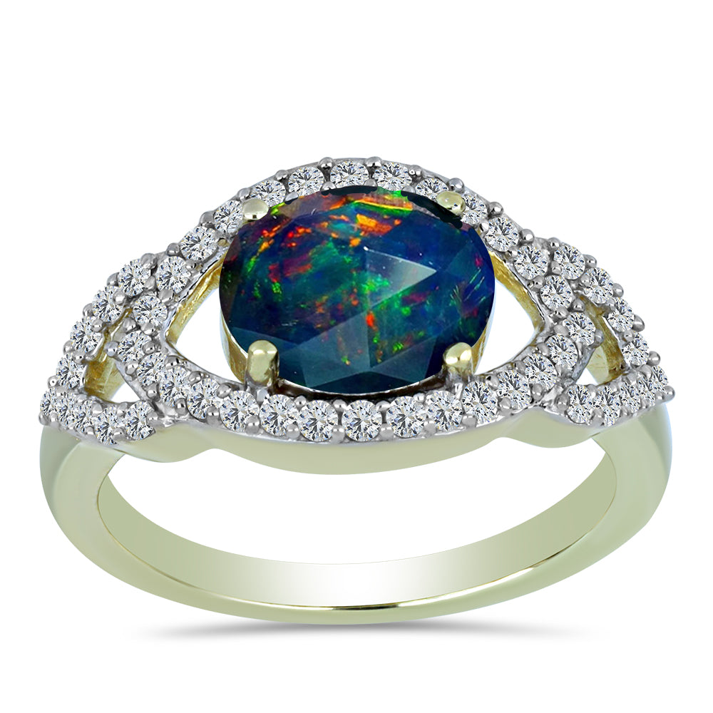 Pozlacené Stříbro 925/1000 - Prsten s Půlnočně Černým Etiopským Opálem z Lega Dembi a Bílým Topazem - Karátové číslo: 1.49. přibližná hmotnost: 3.62 gramů