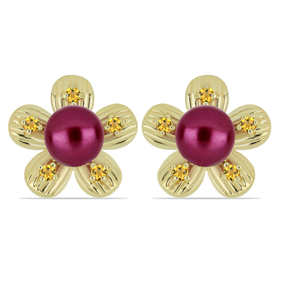 Pozlacené Stříbrné Náušnice s Fialová Sladkovodní Perlou a Uralským Citrínem 1 