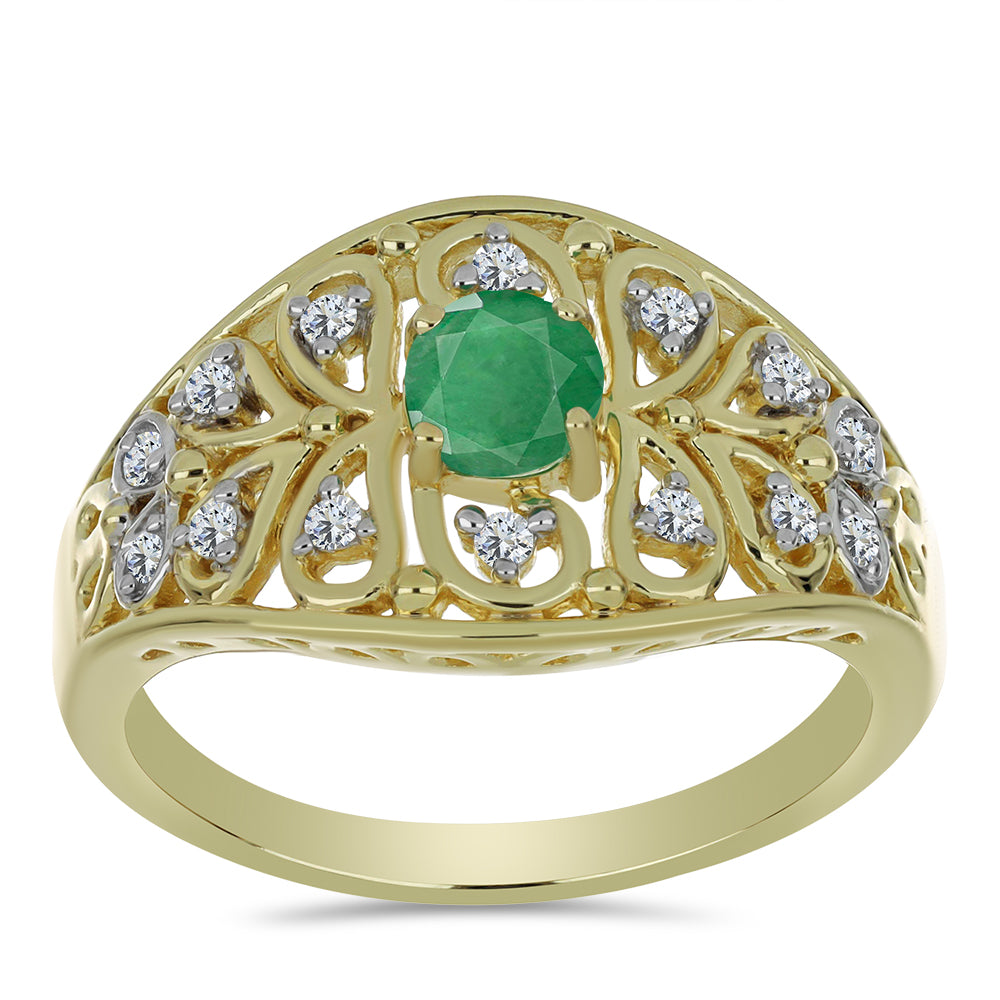 Pozlacené Stříbro 925/1000 - Prsten s Brazilským Smaragdem a Bílým Topazem - Karátové číslo: 0.71. přibližná hmotnost: 4.64 gramů 3 