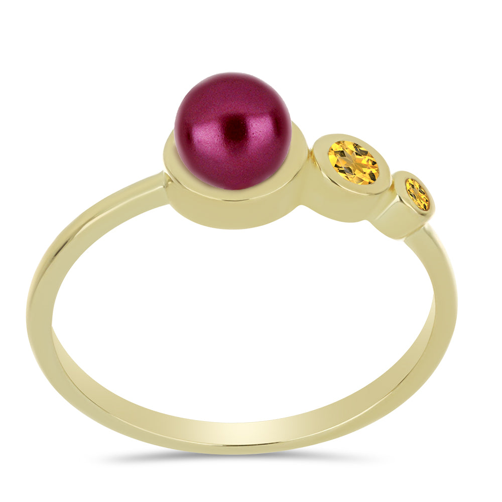 Pozlacené Stříbro 925/1000 - Prsten s Fialová Sladkovodní Perlou a Uralským Citrínem - Karátové číslo: 1.28. přibližná hmotnost: 2.43 gramů