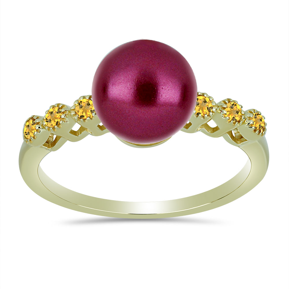 Pozlacené Stříbro 925/1000 - Prsten s Fialová Sladkovodní Perlou a Uralským Citrínem - Karátové číslo: 4.48. přibližná hmotnost: 3.48 gramů