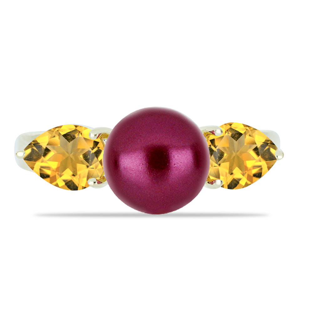 Pozlacené Stříbro 925/1000 - Prsten s Fialová Sladkovodní Perlou a Uralským Citrínem - Karátové číslo: 4.04. přibližná hmotnost: 3.79 gramů