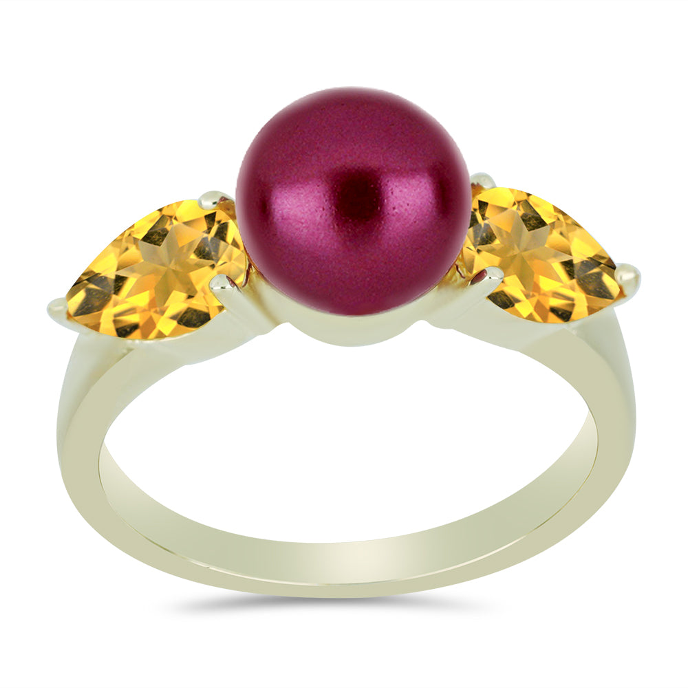 Pozlacené Stříbro 925/1000 - Prsten s Fialová Sladkovodní Perlou a Uralským Citrínem - Karátové číslo: 4.04. přibližná hmotnost: 3.79 gramů