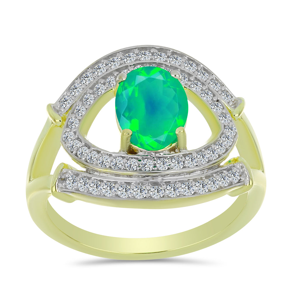 Pozlacený Stříbrný Prsten se Zeleným Etiopským Opálem z Lega Dembi a Bílým Topazem 3 