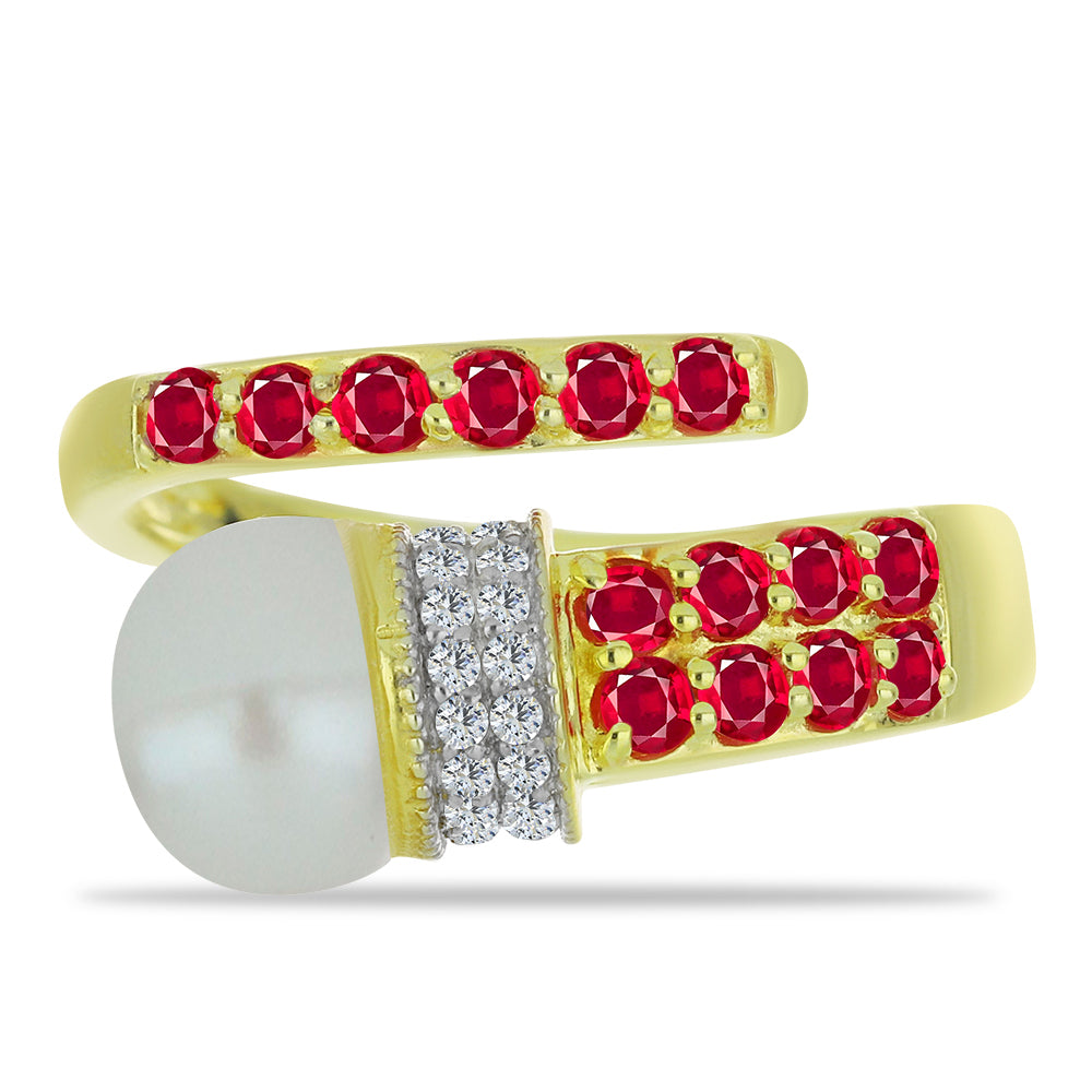 Pozlacený Stříbrný Prsten s Bílou Sladkovodní Perlou a Madagaskarským Rubínem