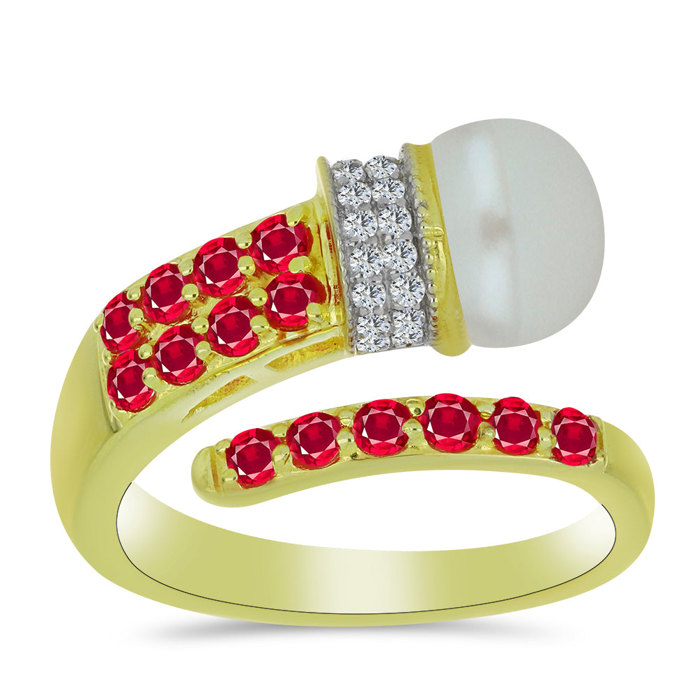 Pozlacený Stříbrný Prsten s Bílou Sladkovodní Perlou a Madagaskarským Rubínem 3 