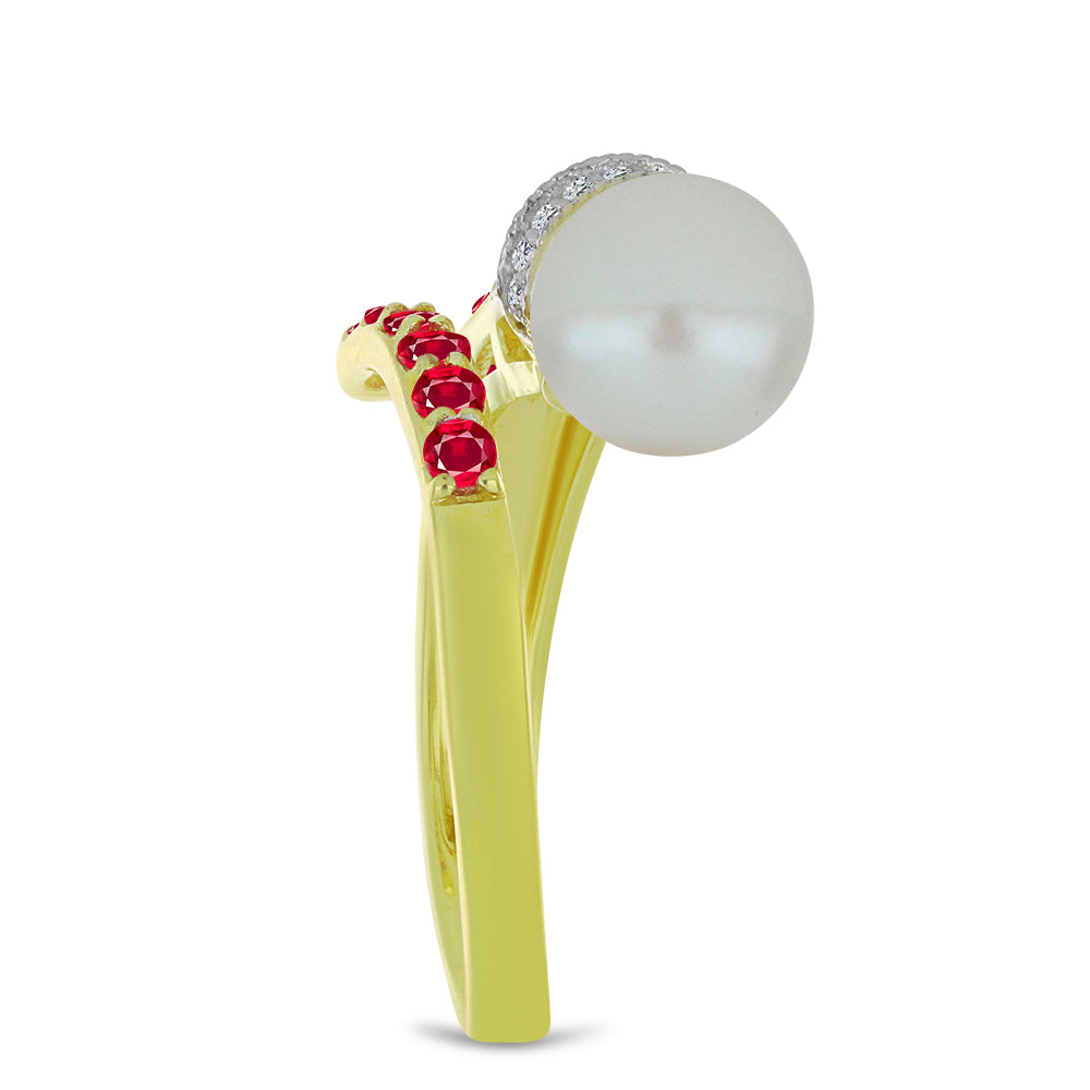 Pozlacený Stříbrný Prsten s Bílou Sladkovodní Perlou a Madagaskarským Rubínem 4 