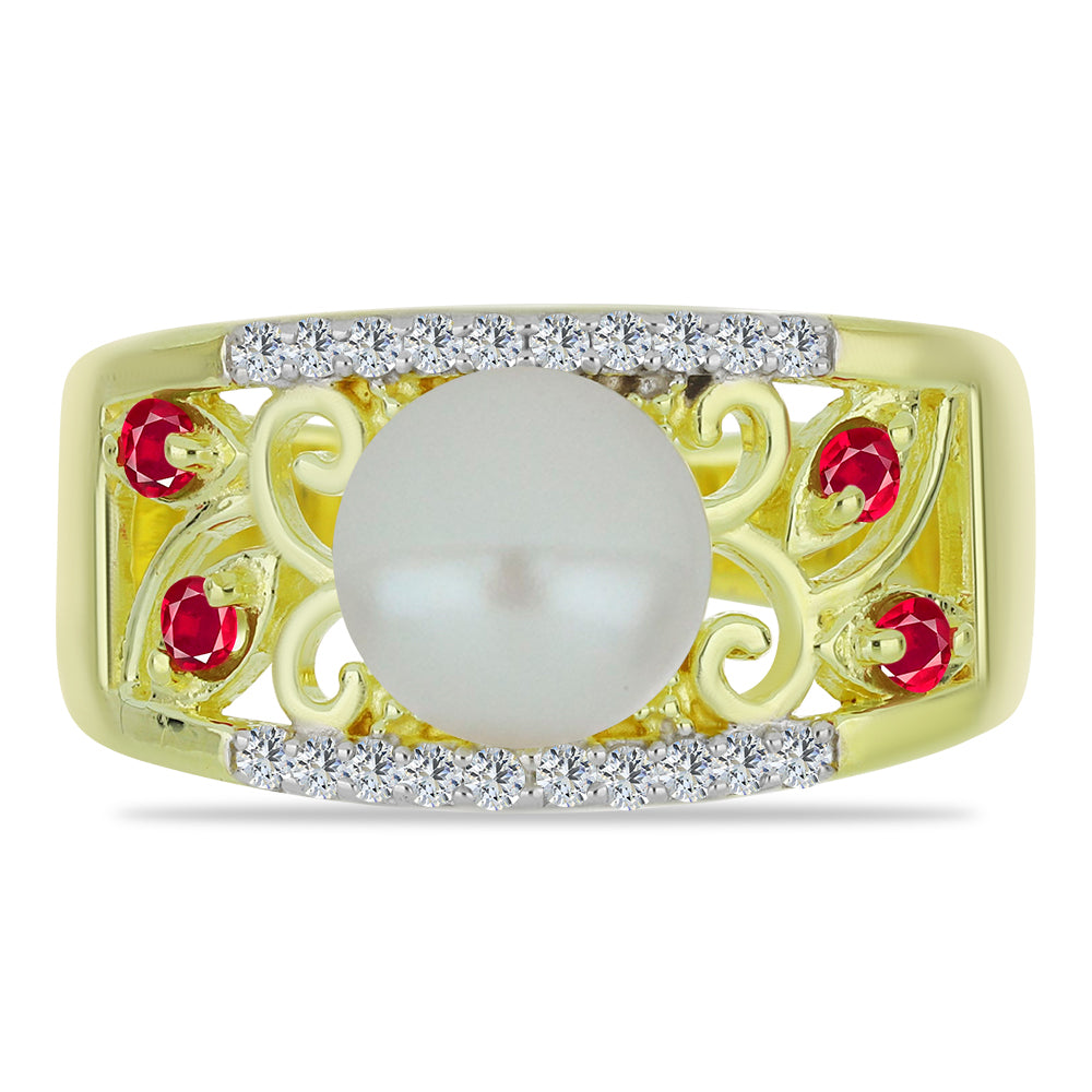 Pozlacený Stříbrný Prsten s Bílou Sladkovodní Perlou a Madagaskarským Rubínem