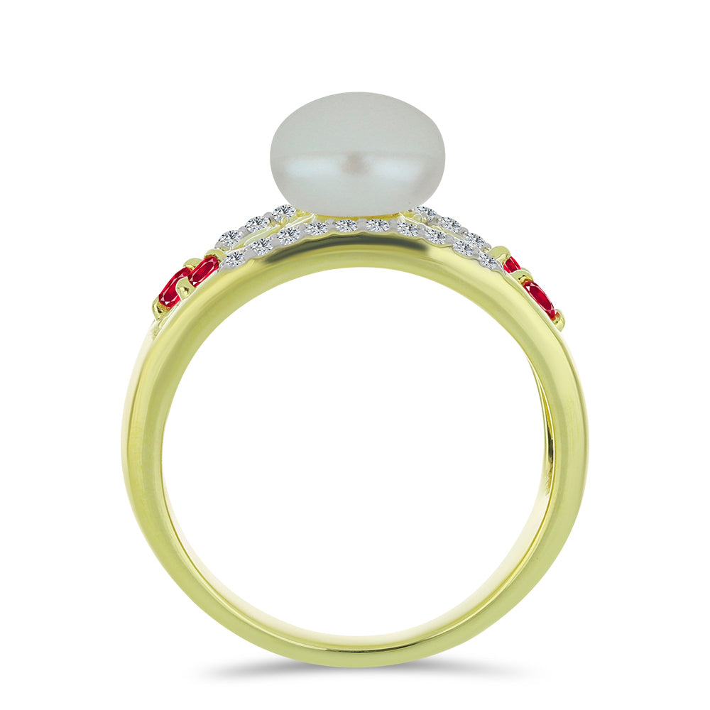 Pozlacený Stříbrný Prsten s Bílou Sladkovodní Perlou a Madagaskarským Rubínem