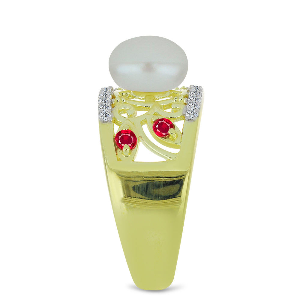 Pozlacený Stříbrný Prsten s Bílou Sladkovodní Perlou a Madagaskarským Rubínem 4 