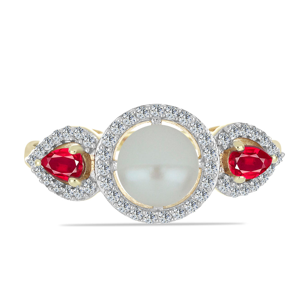 Pozlacené Stříbro 925/1000 - Prsten s Bílou Sladkovodní Perlou a Madagaskarským Rubínem - Karátové číslo: 4.13. přibližná hmotnost: 5.09 gramů