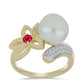 Pozlacené Stříbro 925/1000 - Prsten s Bílou Sladkovodní Perlou a Madagaskarským Rubínem - Karátové číslo: 6.42. přibližná hmotnost: 5.38 gramů