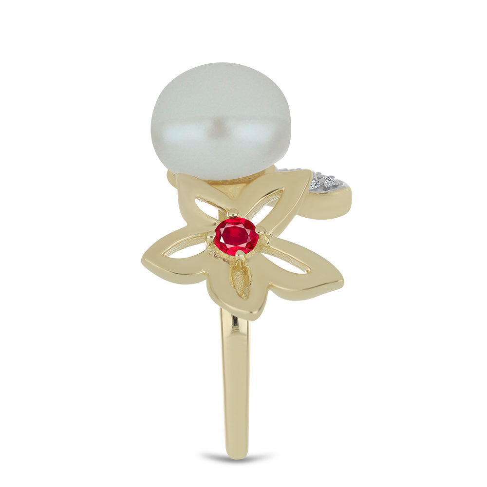 Pozlacené Stříbro 925/1000 - Prsten s Bílou Sladkovodní Perlou a Madagaskarským Rubínem - Karátové číslo: 6.42. přibližná hmotnost: 5.38 gramů 4 