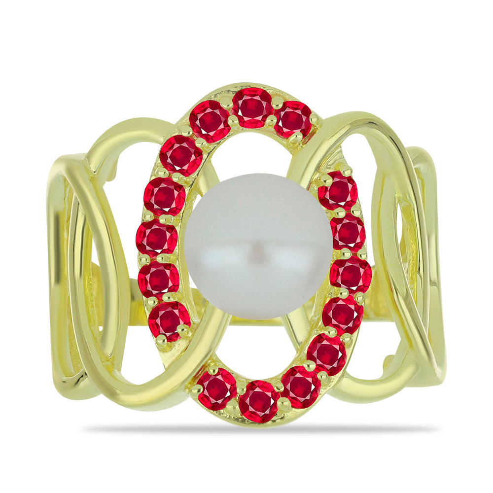 Pozlacený Stříbrný Prsten s Bílou Sladkovodní Perlou a Madagaskarským Rubínem 1 