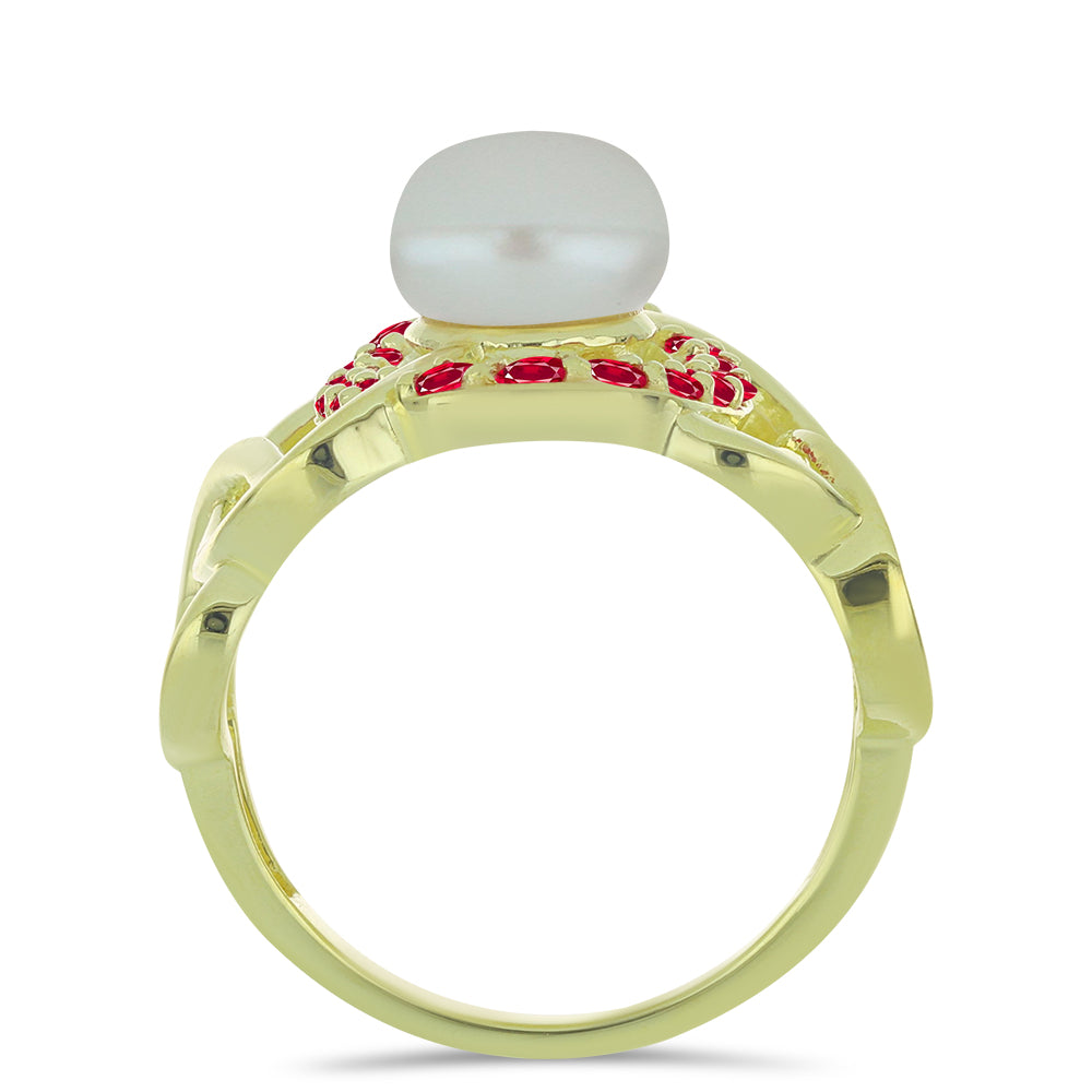 Pozlacený Stříbrný Prsten s Bílou Sladkovodní Perlou a Madagaskarským Rubínem