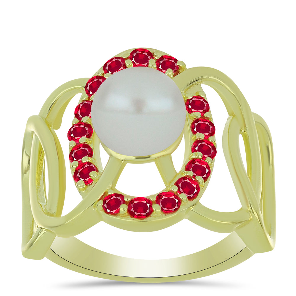 Pozlacený Stříbrný Prsten s Bílou Sladkovodní Perlou a Madagaskarským Rubínem