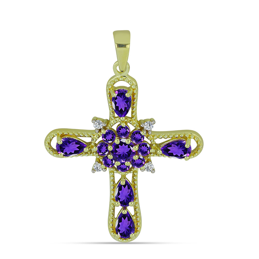 Kříž Pozlacený Stříbrný Přívěsek s Marockým Ametystem a Bílým Topazem