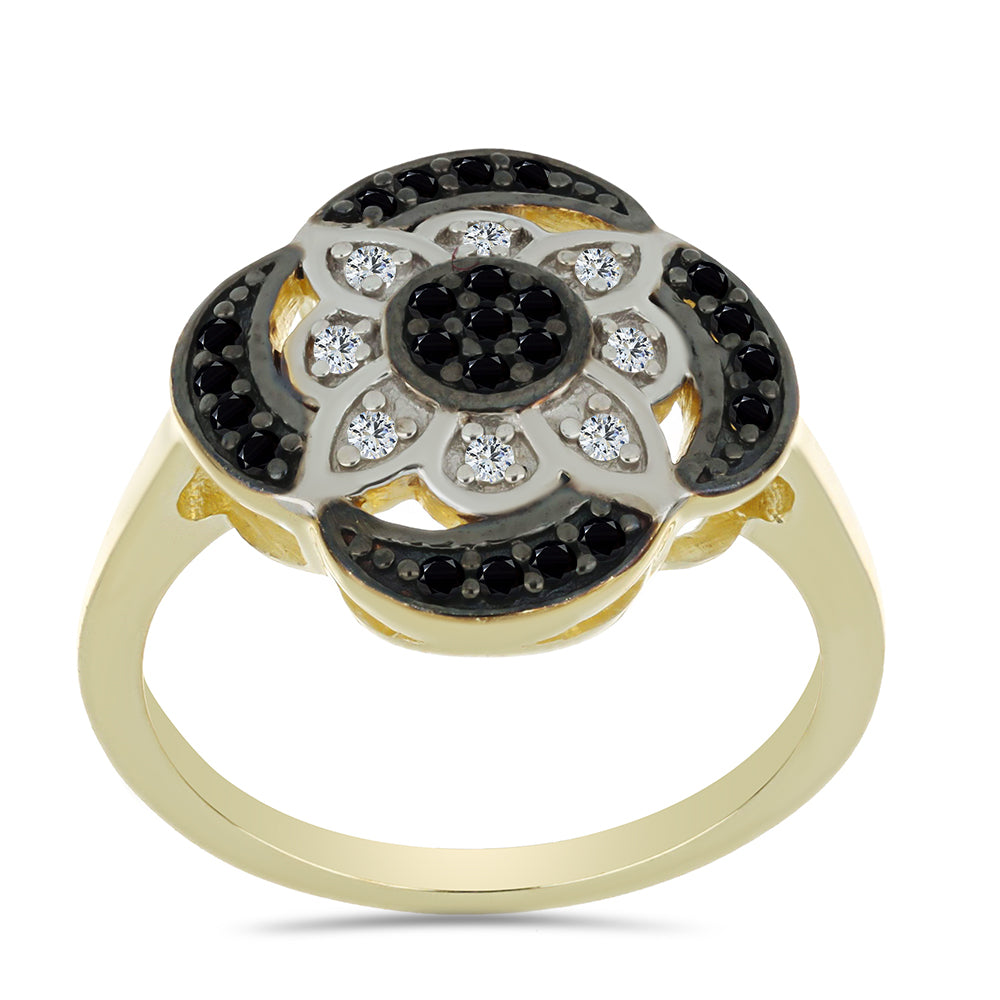 Pozlacený Stříbrný Prsten s Černým spinelem a Bílým Topazem