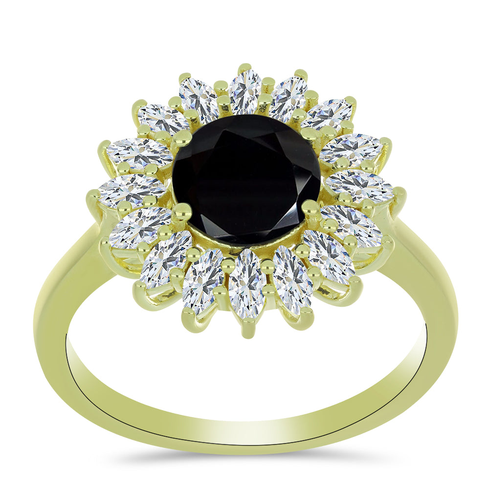 Pozlacený Stříbrný Prsten s Černým spinelem a Bílým Topazem 3 