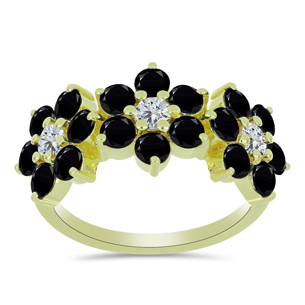 Pozlacené Stříbro 925/1000 - Prsten s Černým spinelem a Bílým Topazem - Karátové číslo: 3.17. přibližná hmotnost: 3.63 gramů