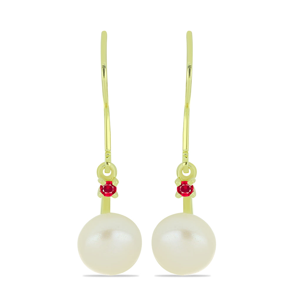 Pozlacené Stříbrné Náušnice s Bílou Sladkovodní Perlou a Madagaskarským Rubínem