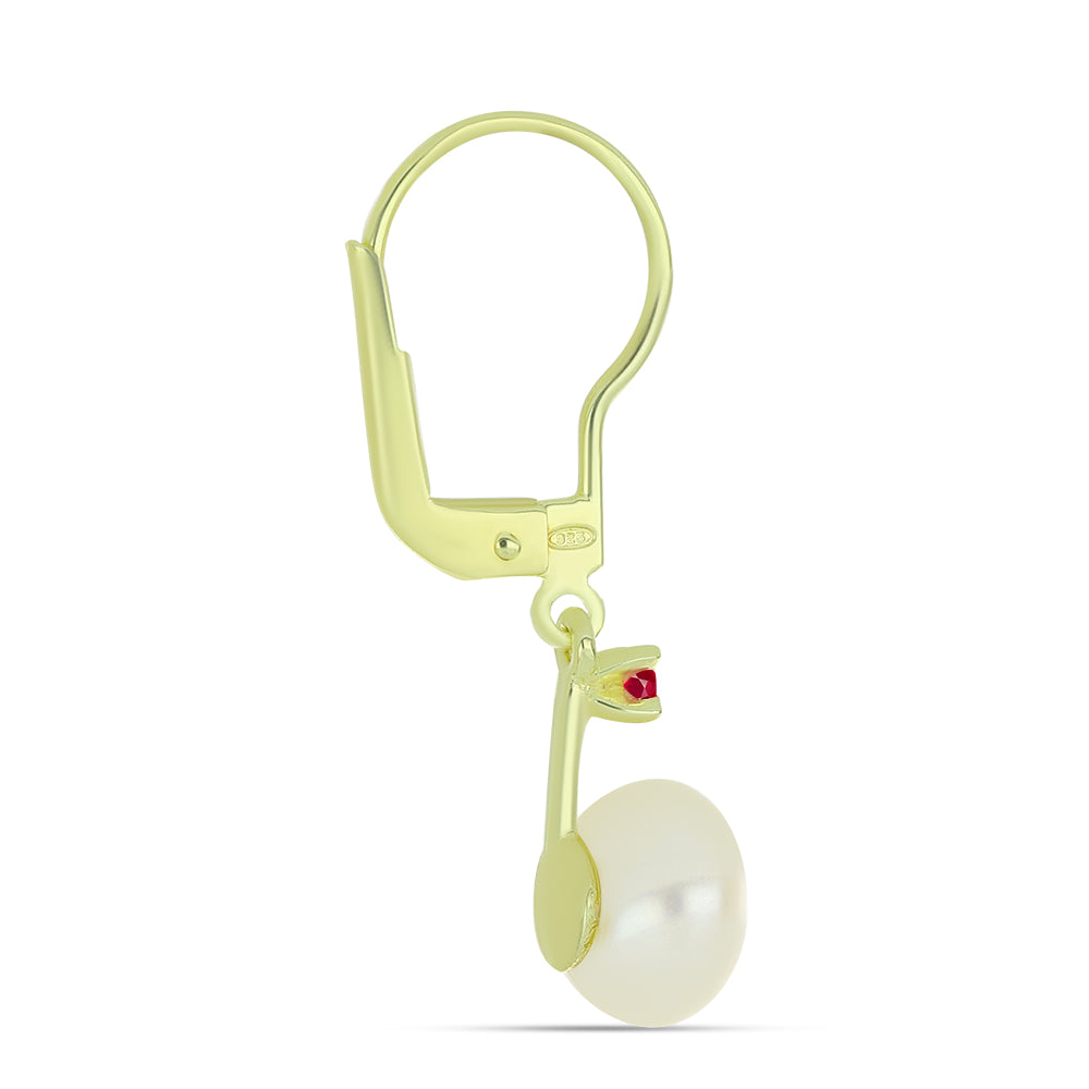 Pozlacené Stříbrné Náušnice s Bílou Sladkovodní Perlou a Madagaskarským Rubínem 2 