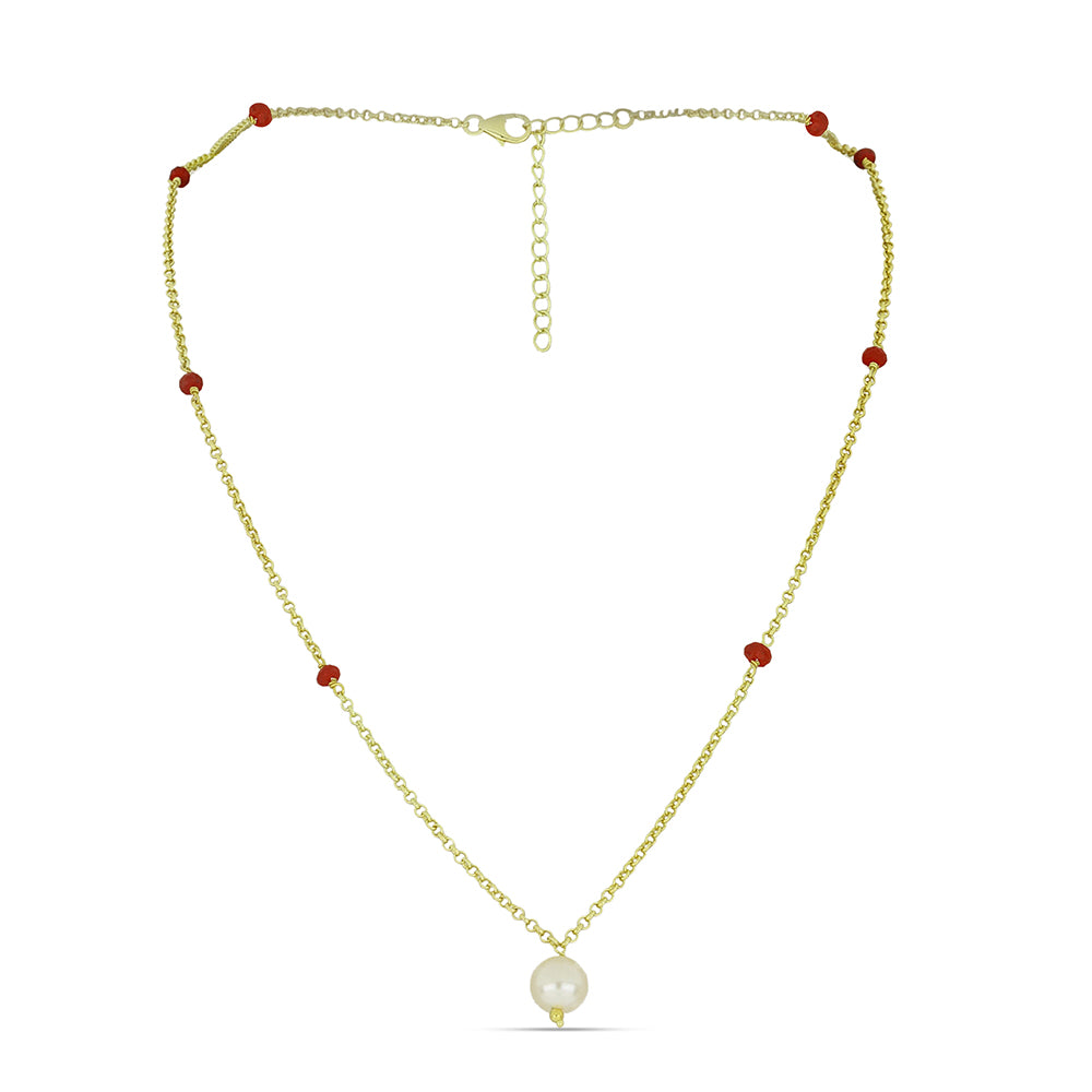 Pozlacené Stříbro 925/1000 - Náhrdelník s Bílou Sladkovodní Perlou a Madagaskarským Rubínem - Karátové číslo: 5.76. přibližná hmotnost: 4.73 gramů