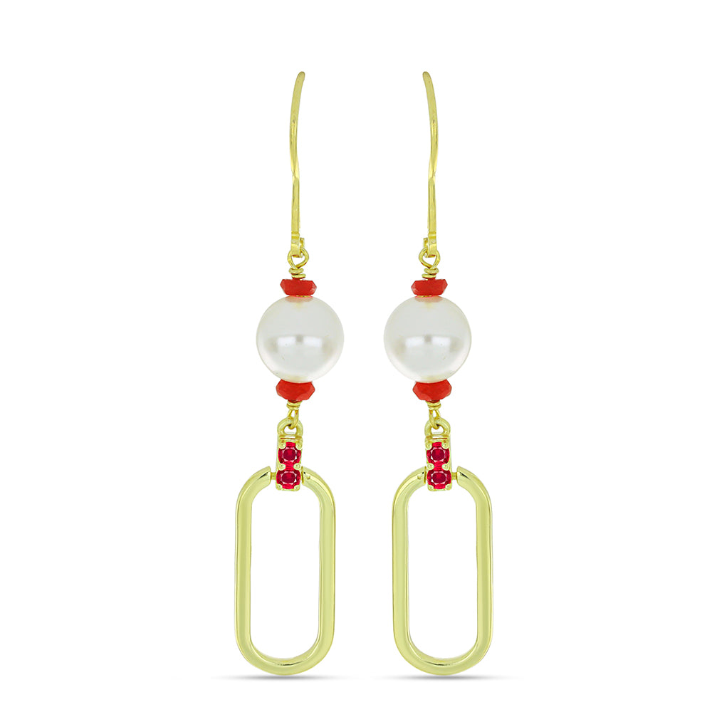 Pozlacené Stříbro 925/1000 - Sada s Bílou Sladkovodní Perlou a Madagaskarským Rubínem - Karátové číslo: 97.53. přibližná hmotnost: 35.55 gramů ( Náhrdelník+Náušnice+Náramek ) 4 