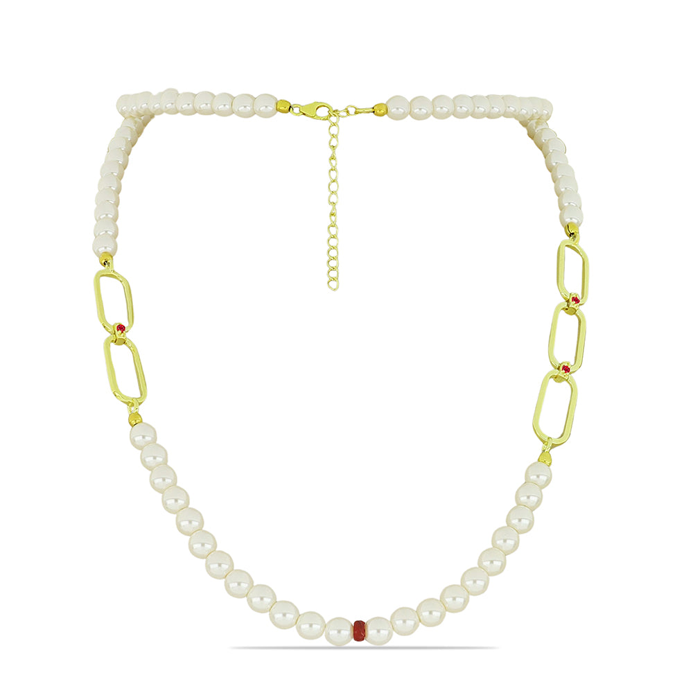 Pozlacené Stříbro 925/1000 - Sada s Bílou Sladkovodní Perlou a Madagaskarským Rubínem - Karátové číslo: 97.53. přibližná hmotnost: 35.55 gramů ( Náhrdelník+Náušnice+Náramek ) 2 