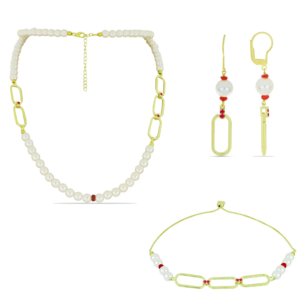 Pozlacené Stříbro 925/1000 - Sada s Bílou Sladkovodní Perlou a Madagaskarským Rubínem - Karátové číslo: 97.53. přibližná hmotnost: 35.55 gramů ( Náhrdelník+Náušnice+Náramek ) 1 