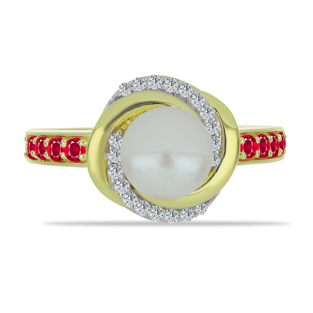 Pozlacený Stříbrný Prsten s Bílou Sladkovodní Perlou a Madagaskarským Rubínem 1 