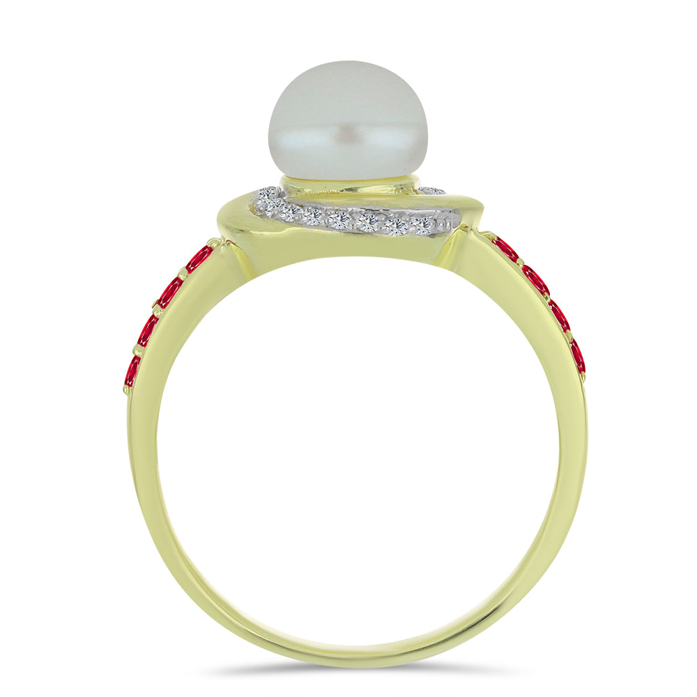 Pozlacený Stříbrný Prsten s Bílou Sladkovodní Perlou a Madagaskarským Rubínem 2 