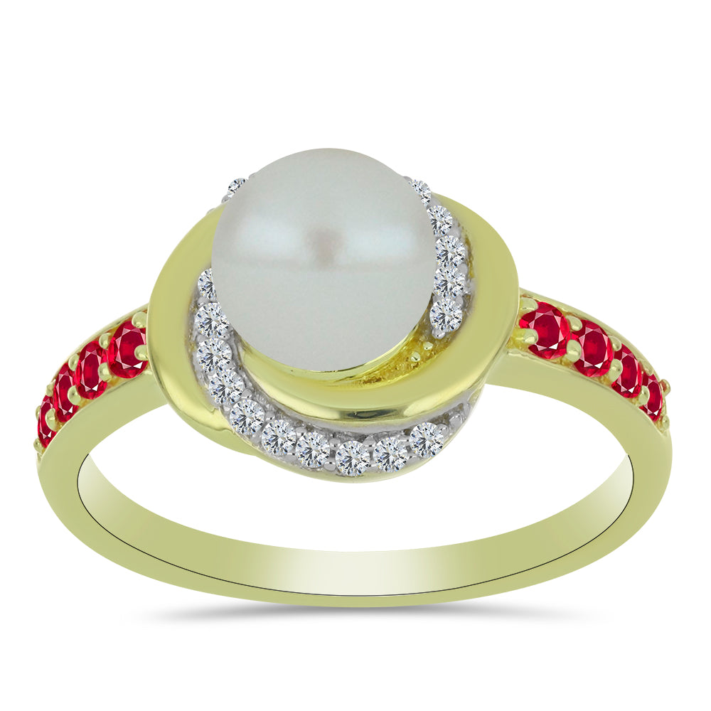 Pozlacený Stříbrný Prsten s Bílou Sladkovodní Perlou a Madagaskarským Rubínem