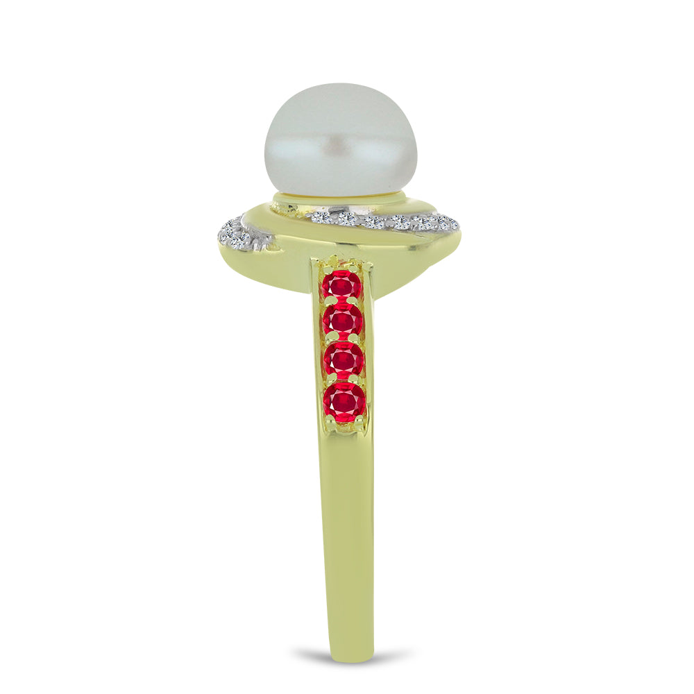 Pozlacený Stříbrný Prsten s Bílou Sladkovodní Perlou a Madagaskarským Rubínem 4 