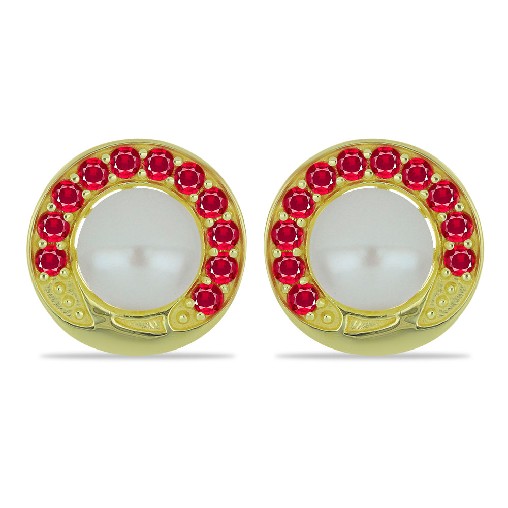Pozlacené Stříbrné Náušnice s Bílou Sladkovodní Perlou a Madagaskarským Rubínem 1 