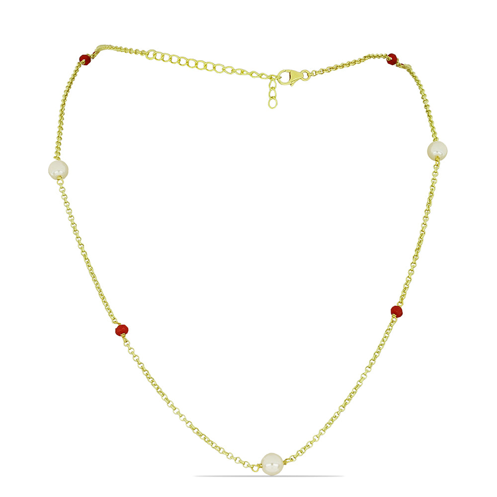 Pozlacené Stříbro 925/1000 - Náhrdelník s Bílou Sladkovodní Perlou a Madagaskarským Rubínem - Karátové číslo: 5.65. přibližná hmotnost: 4.84 gramů