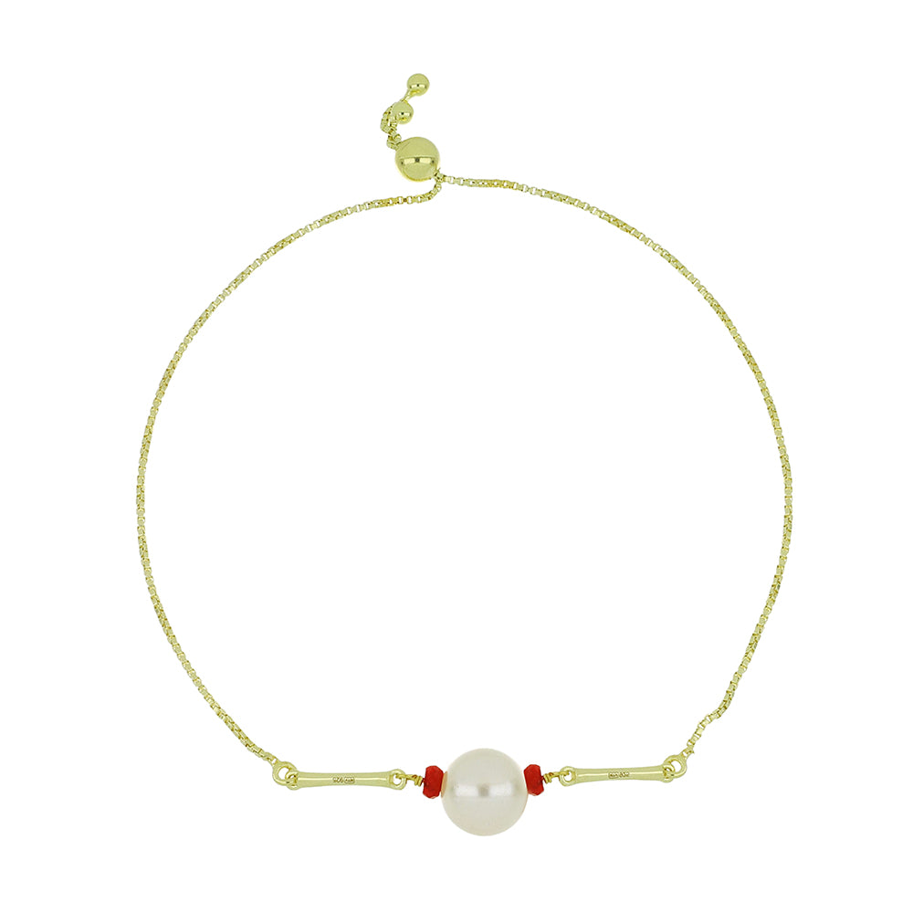 Pozlacené Stříbro 925/1000 - Náramek s Bílou Sladkovodní Perlou a Madagaskarským Rubínem - Karátové číslo: 7.24. přibližná hmotnost: 4 gramů