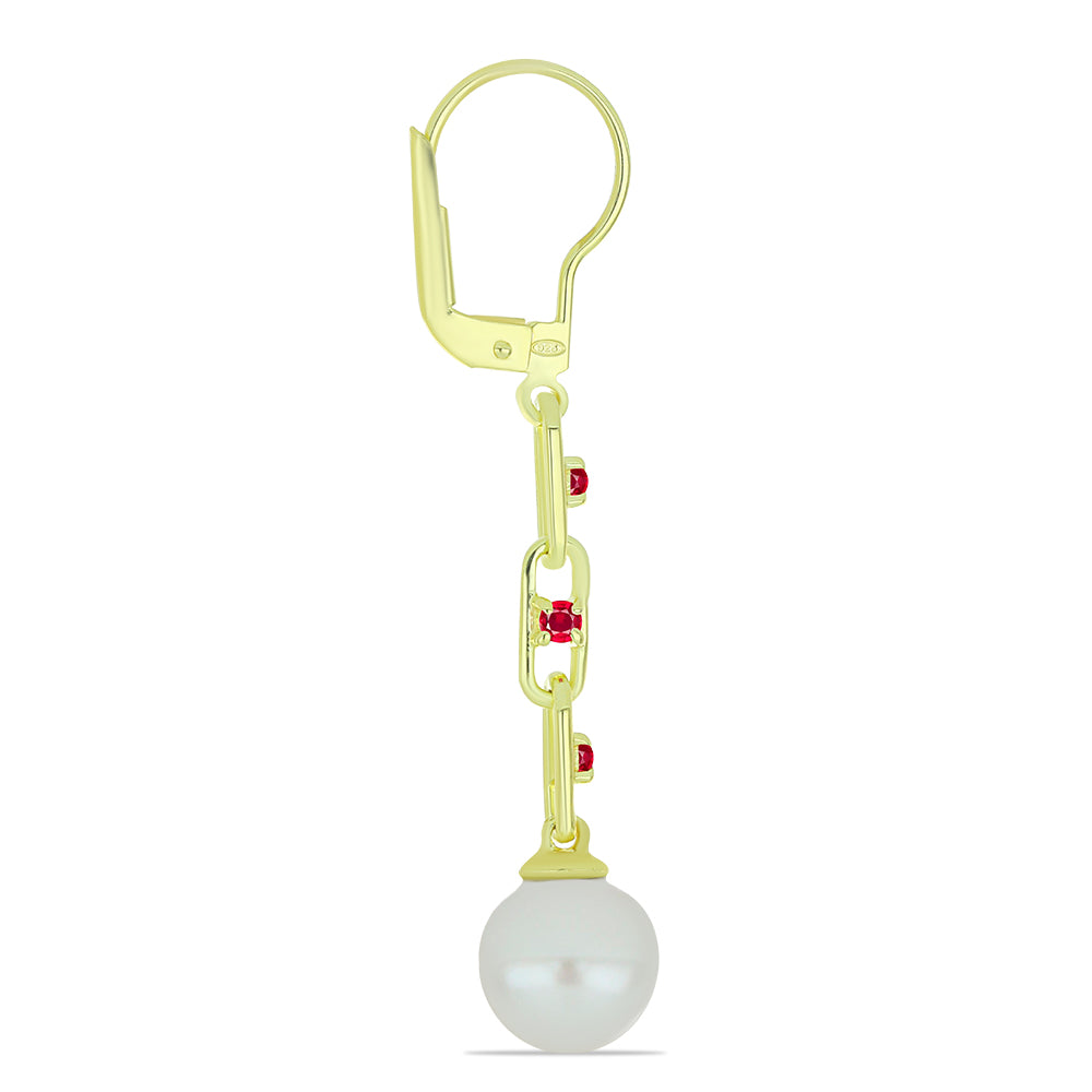 Pozlacené Stříbrné Náušnice s Bílou Sladkovodní Perlou a Madagaskarským Rubínem 2 