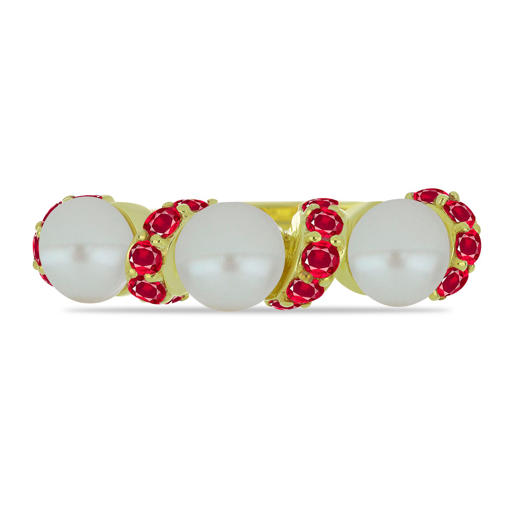 Pozlacený Stříbrný Prsten s Bílou Sladkovodní Perlou a Madagaskarským Rubínem 1 