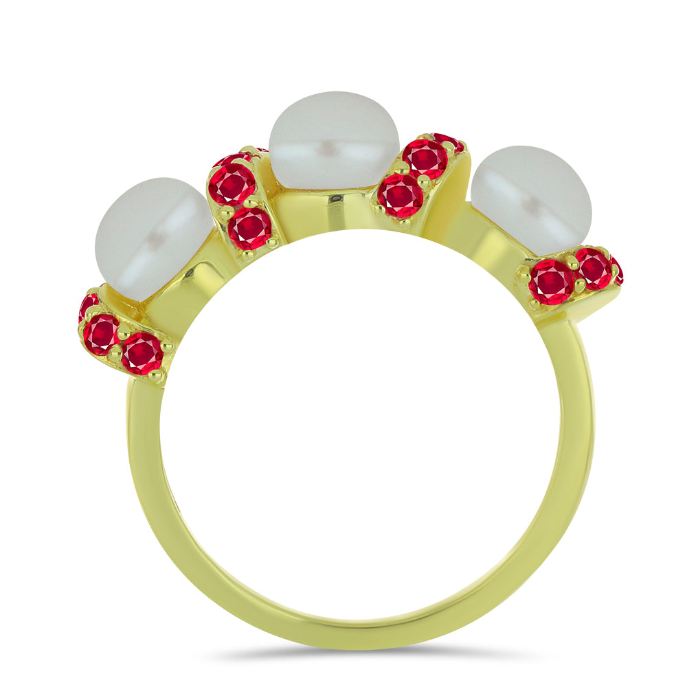 Pozlacený Stříbrný Prsten s Bílou Sladkovodní Perlou a Madagaskarským Rubínem 2 